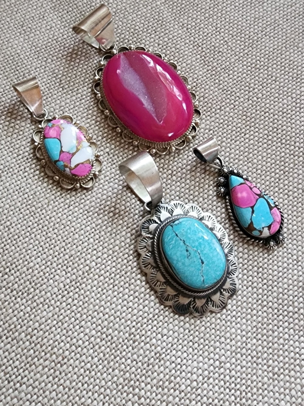 Sterling Silver Turquoise & Pink Stone Pendant Lot Native Made!
